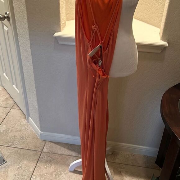 Misha Rebekah Womens 6 Metallic Midi Dress Copper Open Back Strappy V Neck NWT - Picture 9 of 10